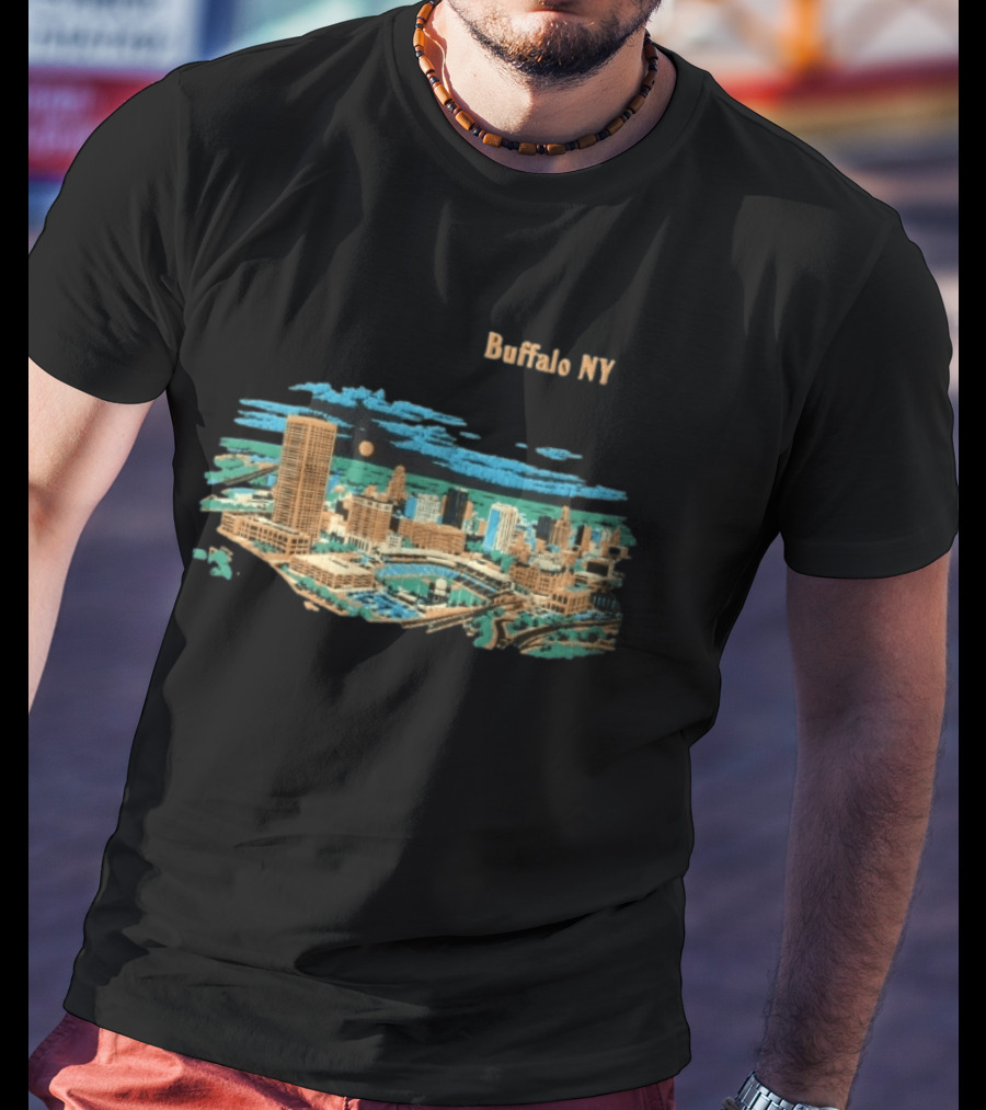 Buffalo NY Skyline Cityscape Illustration With Moonlit Clouds T-Shirt