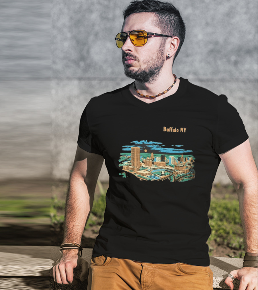 Buffalo NY Skyline Cityscape Illustration With Moonlit Clouds T-Shirt