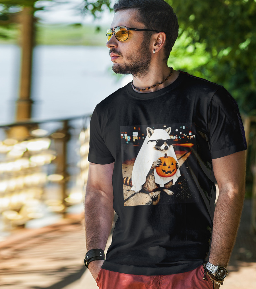 Raccoon Ghost Sunglasses Pumpkin Halloween Street Scene T-Shirt