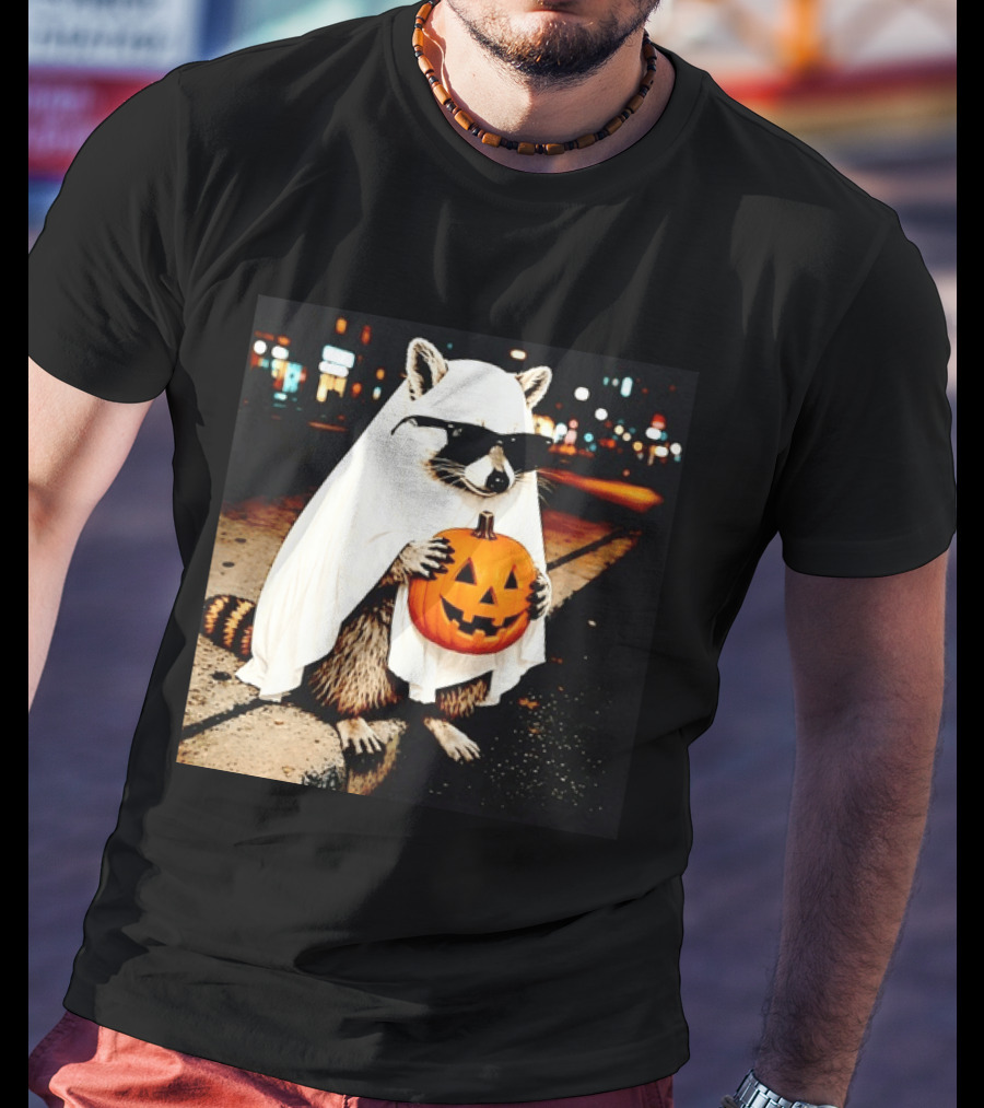 Raccoon Ghost Sunglasses Pumpkin Halloween Street Scene T-Shirt