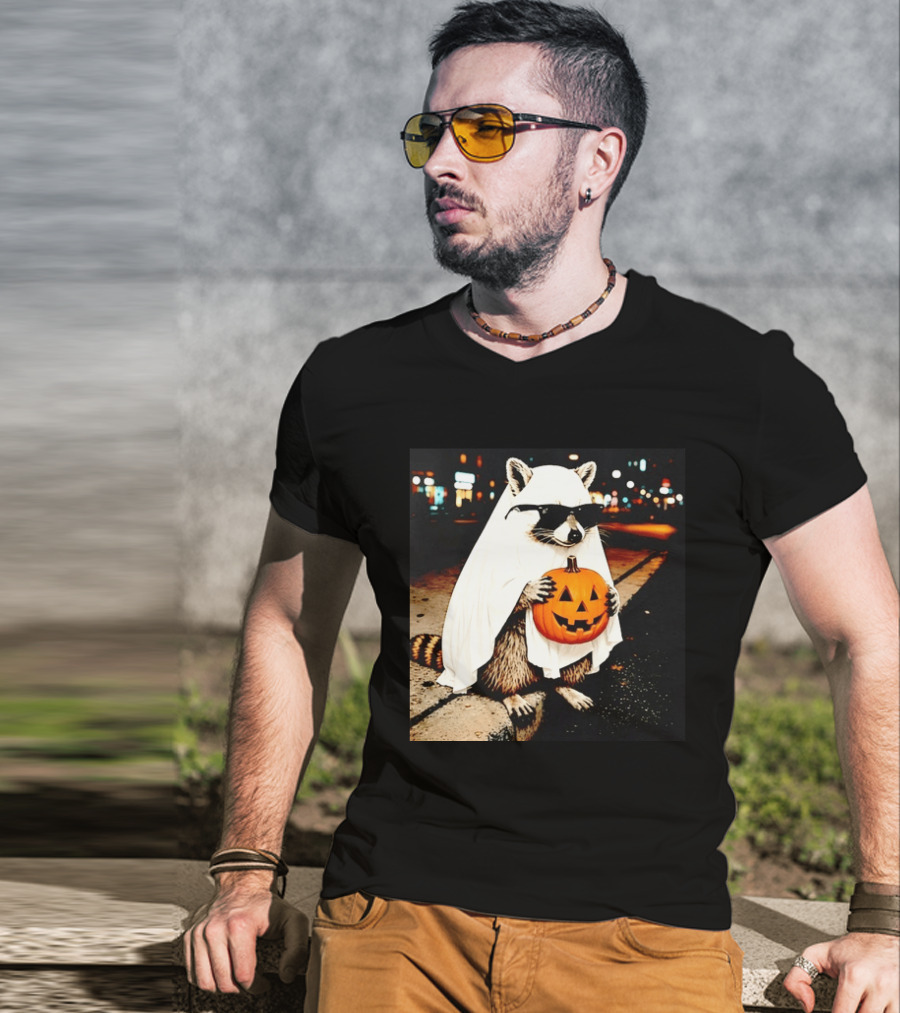 Raccoon Ghost Sunglasses Pumpkin Halloween Street Scene T-Shirt
