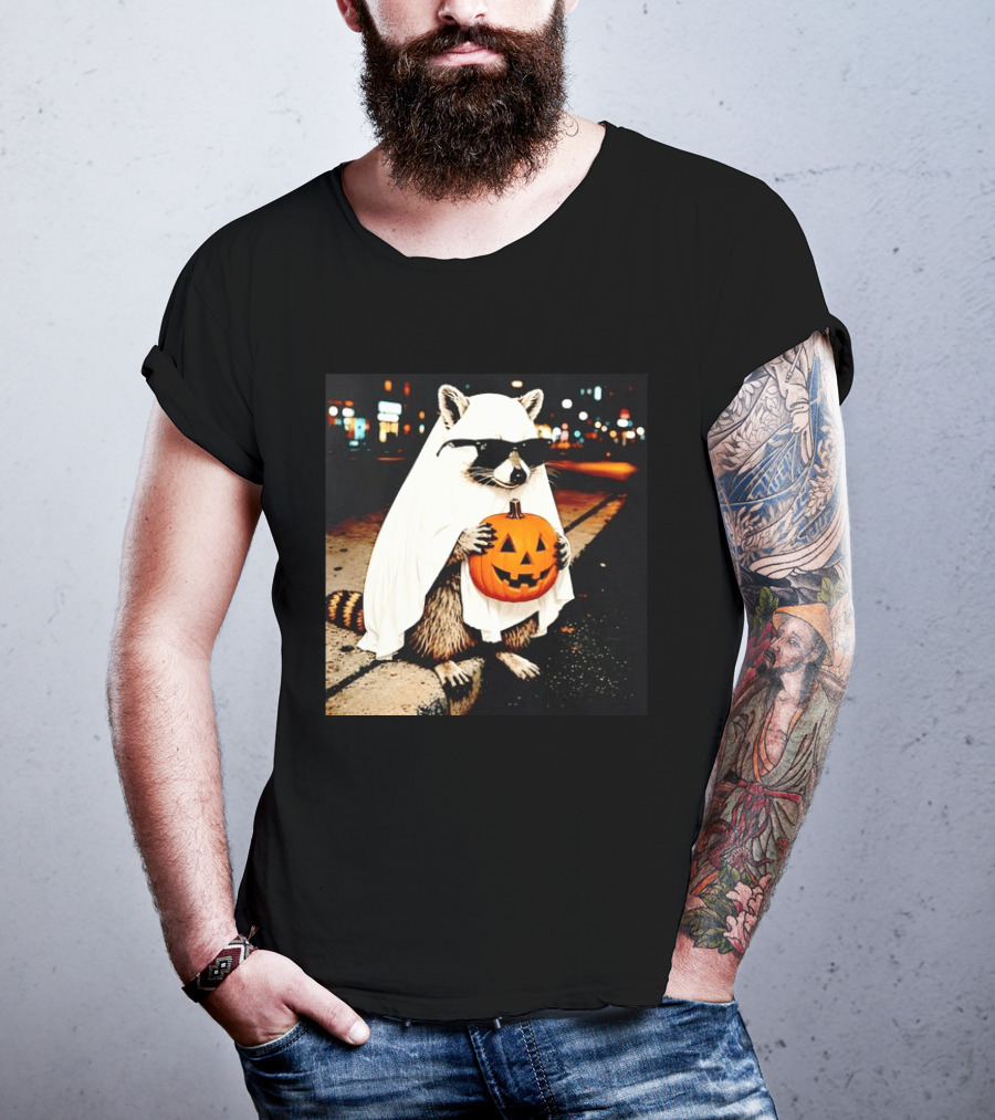 Raccoon Ghost Sunglasses Pumpkin Halloween Street Scene T-Shirt