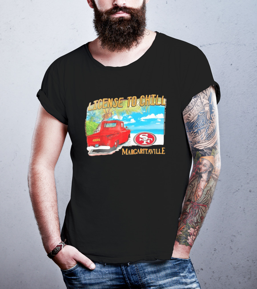 San Francisco 49ers License To Chill Margaritaville Beach Scene Vintage Truck T-Shirt