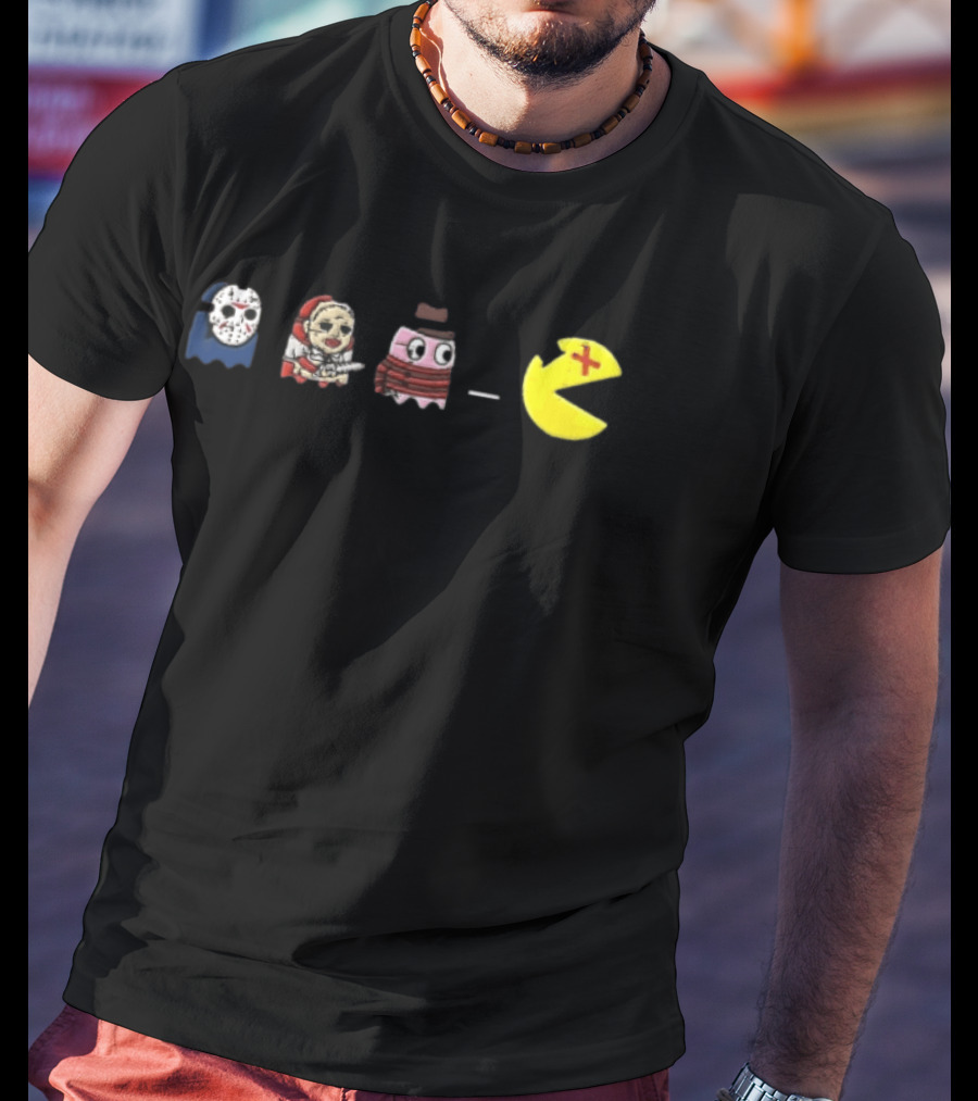 Horror Movie Ghosts Jason Freddy Chasing Stabbed Pac Man T-Shirt