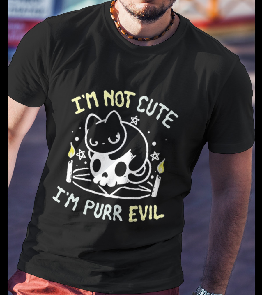 I'm Not Cute I'm Purr Evil Cat On Skull With Pentagram And Candles T-Shirt