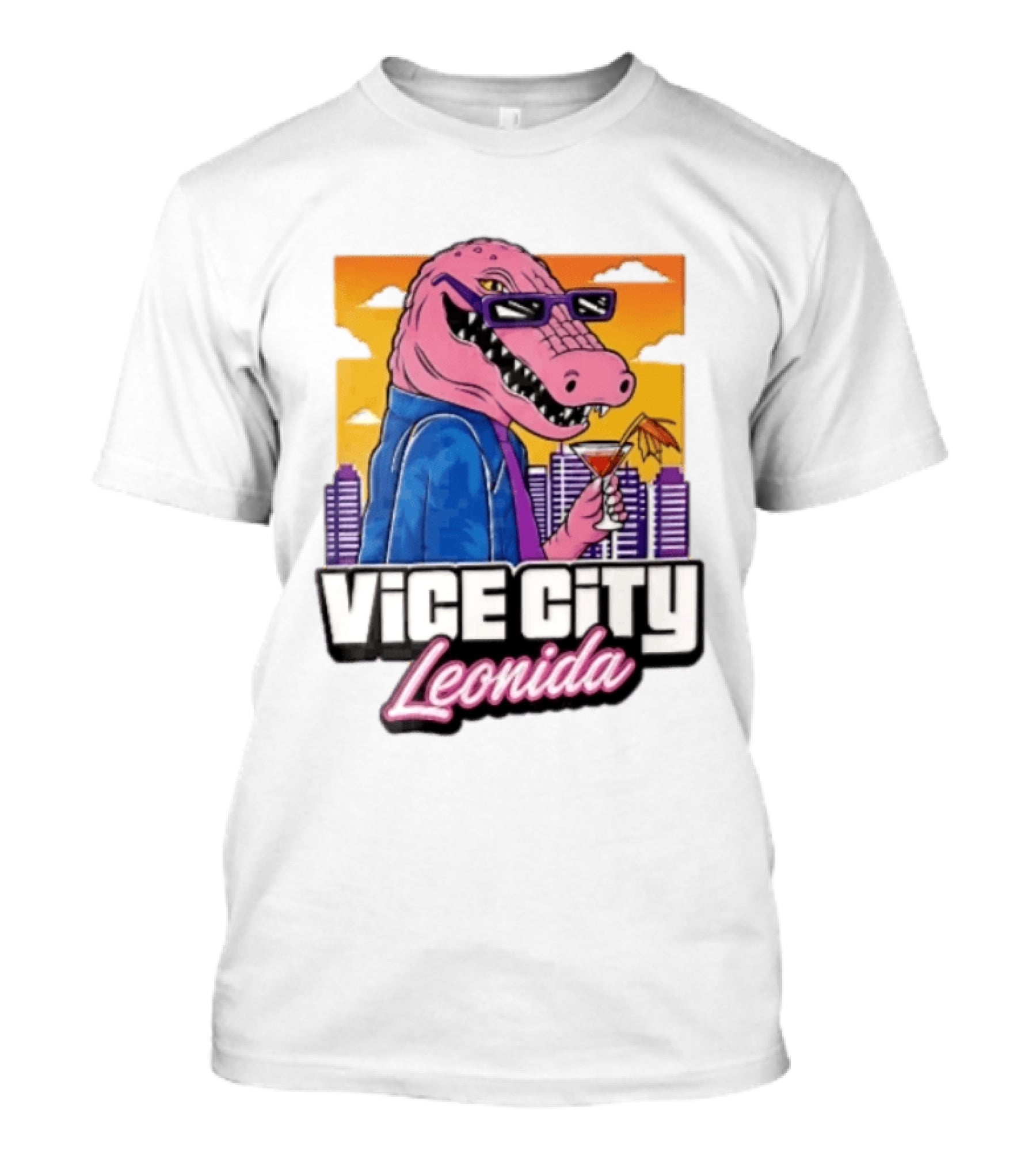 Vice City Leonida Pink Alligator Sunglasses Cocktail Cityscape T-Shirt