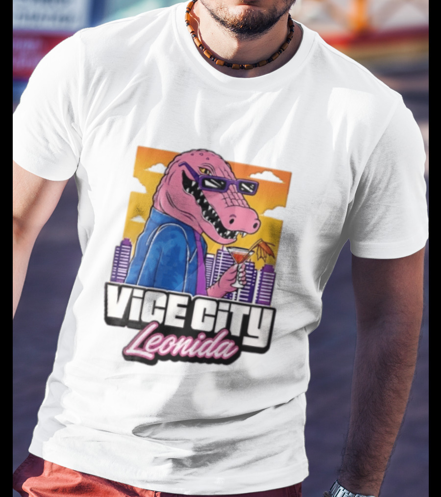 Vice City Leonida Pink Alligator Sunglasses Cocktail Cityscape T-Shirt