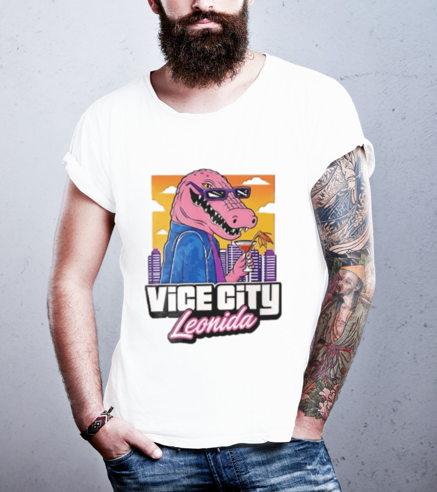 Vice City Leonida Pink Alligator Sunglasses Cocktail Cityscape T-Shirt