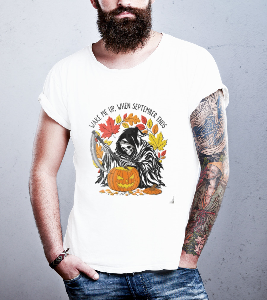 Wake Me Up When September Ends Grim Reaper Carving Jack O Lantern Autumn Leaves T-Shirt