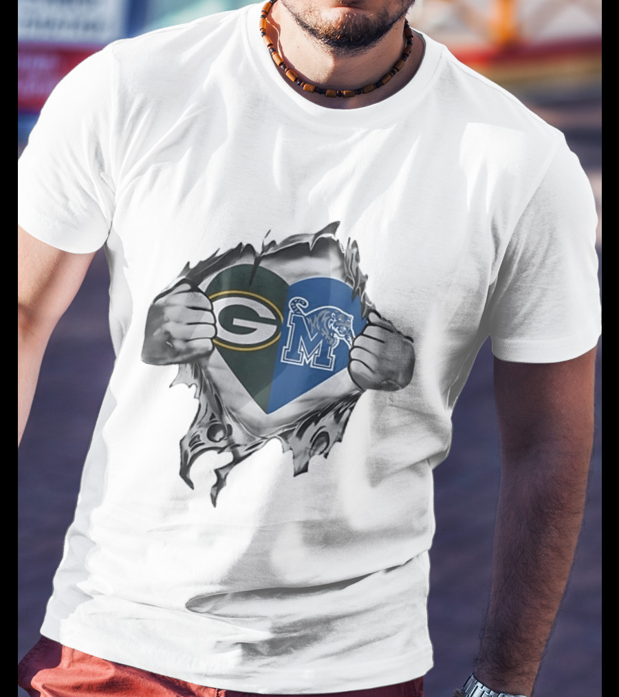 Green Bay Packers Memphis Tigers Heart Symbol Fusion T-Shirt