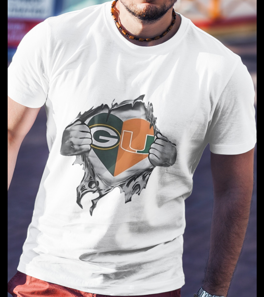 Green Bay Packers Miami Hurricanes Heart G U Logo Tear T-Shirt