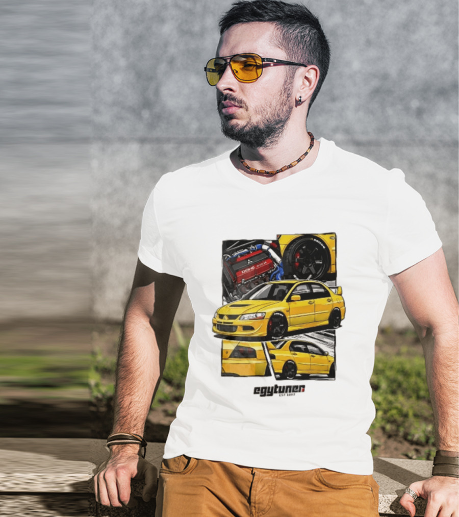 Mitsubishi Egytuner Est 2003 Yellow Lancer Evolution Engine Wheel Panels T-Shirt