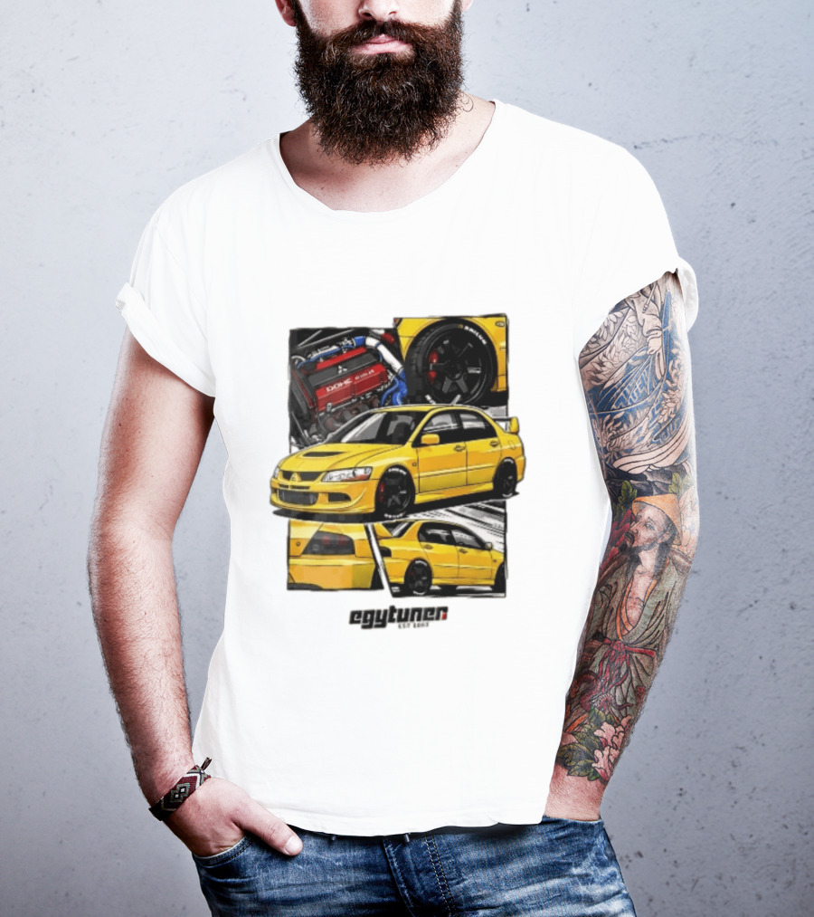 Mitsubishi Egytuner Est 2003 Yellow Lancer Evolution Engine Wheel Panels T-Shirt