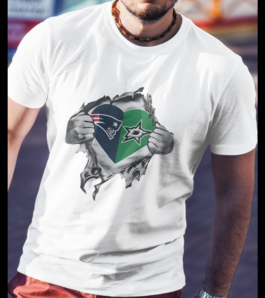 New England Patriots Dallas Stars Heart Split Design Fans T-Shirt