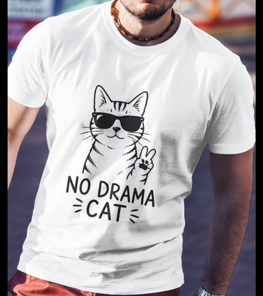 No Drama Cat Sunglasses Peace Sign T-Shirt