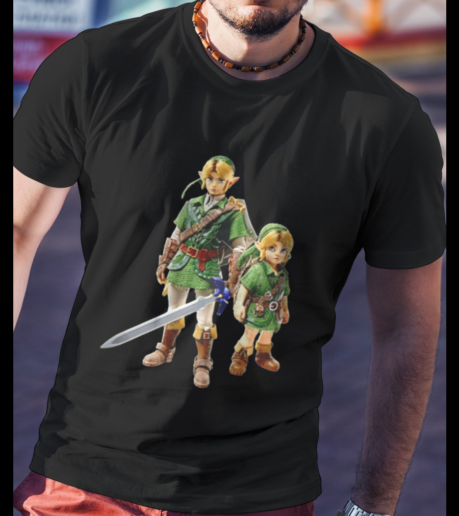 Adult And Young Link Green Tunic Warrior Sword Shield Render T-Shirt