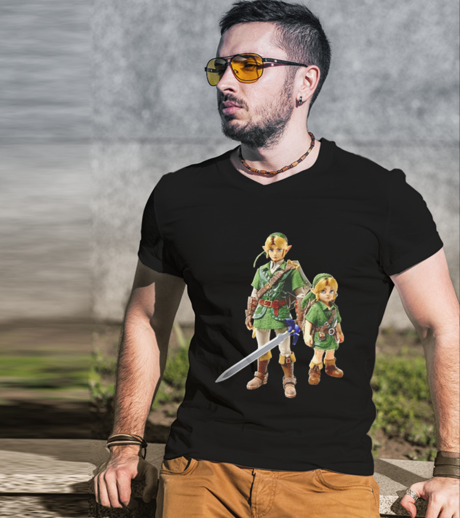 Adult And Young Link Green Tunic Warrior Sword Shield Render T-Shirt