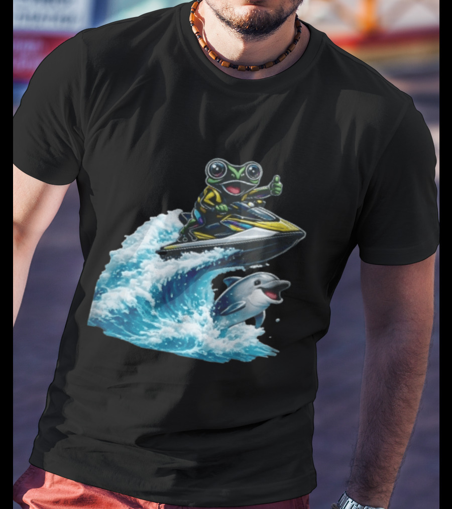 Cartoon Frog Thumbs Up Riding Jet Ski With Dolphin On Ocean Wave T-Shirt