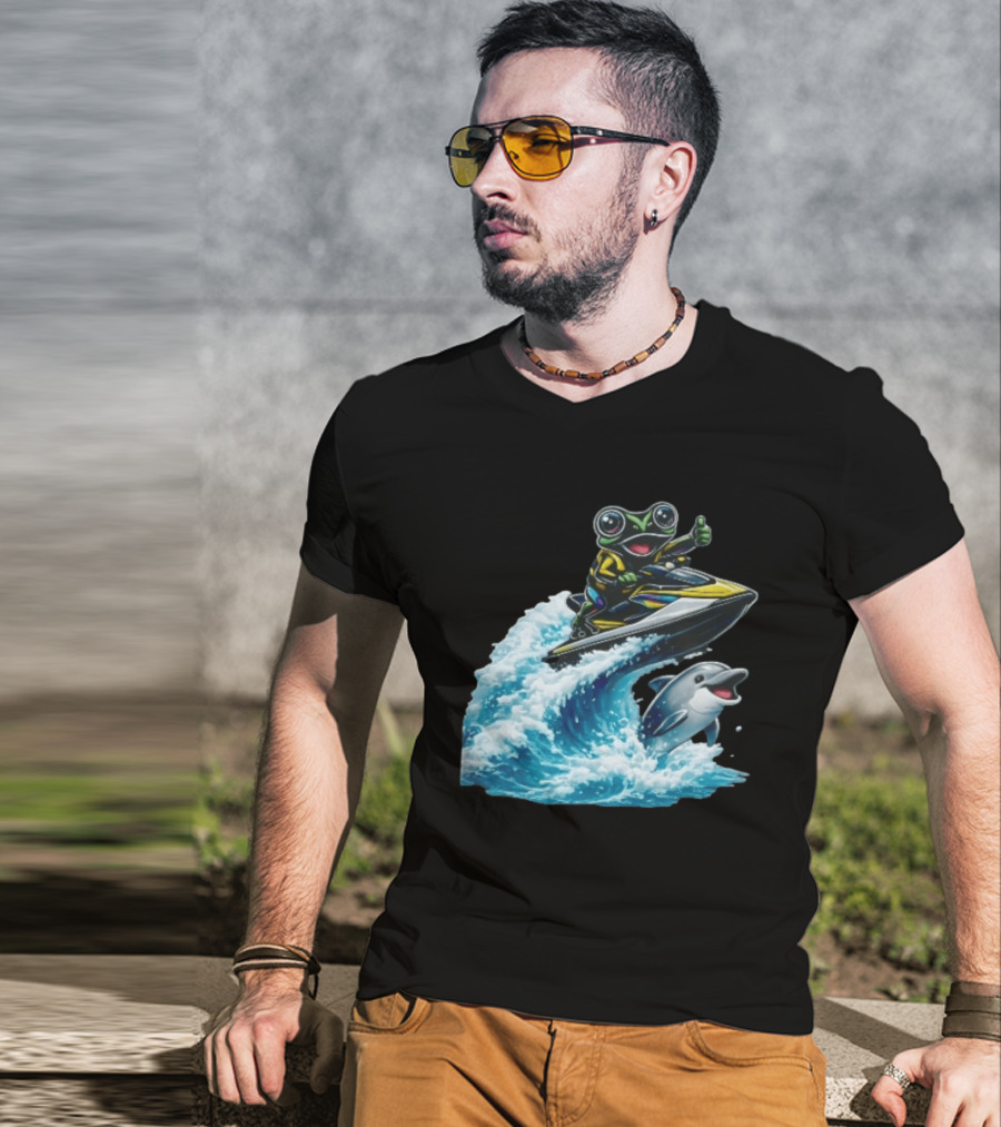 Cartoon Frog Thumbs Up Riding Jet Ski With Dolphin On Ocean Wave T-Shirt