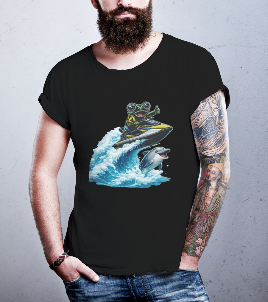 Cartoon Frog Thumbs Up Riding Jet Ski With Dolphin On Ocean Wave T-Shirt