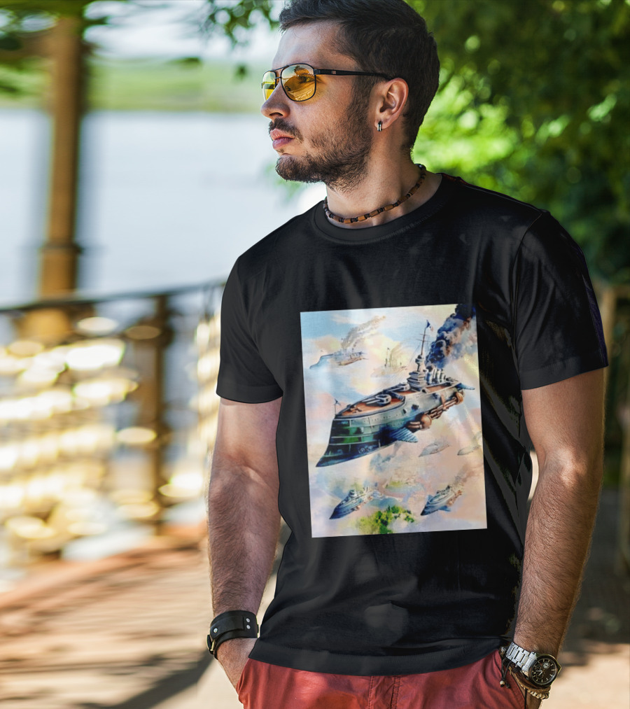 Steampunk Flying Battleship Armada Soaring Through The Clouds T-Shirt