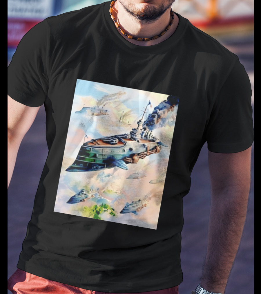 Steampunk Flying Battleship Armada Soaring Through The Clouds T-Shirt