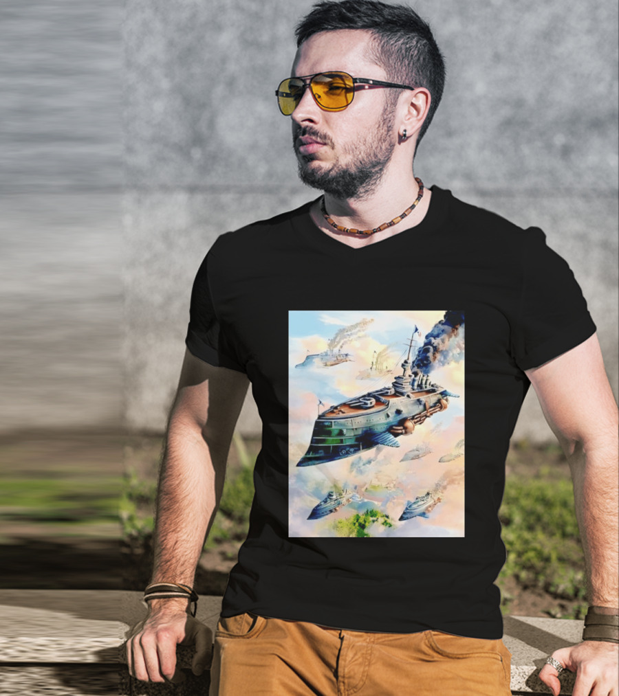 Steampunk Flying Battleship Armada Soaring Through The Clouds T-Shirt