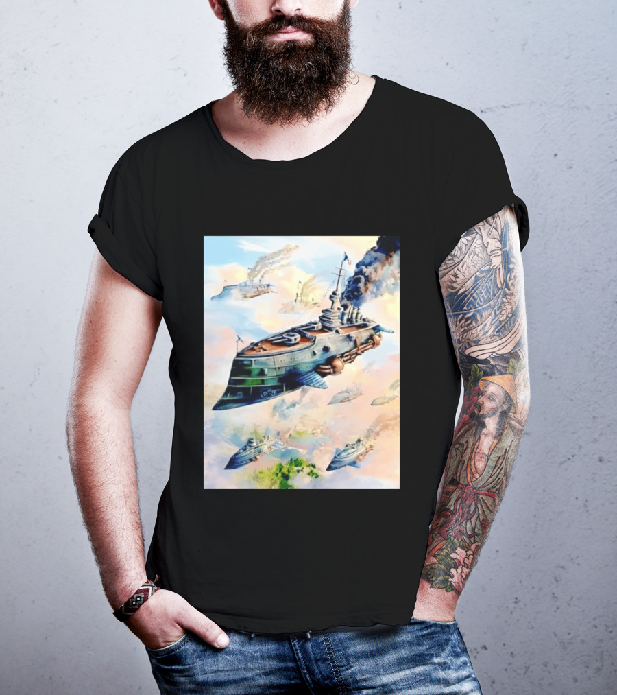 Steampunk Flying Battleship Armada Soaring Through The Clouds T-Shirt