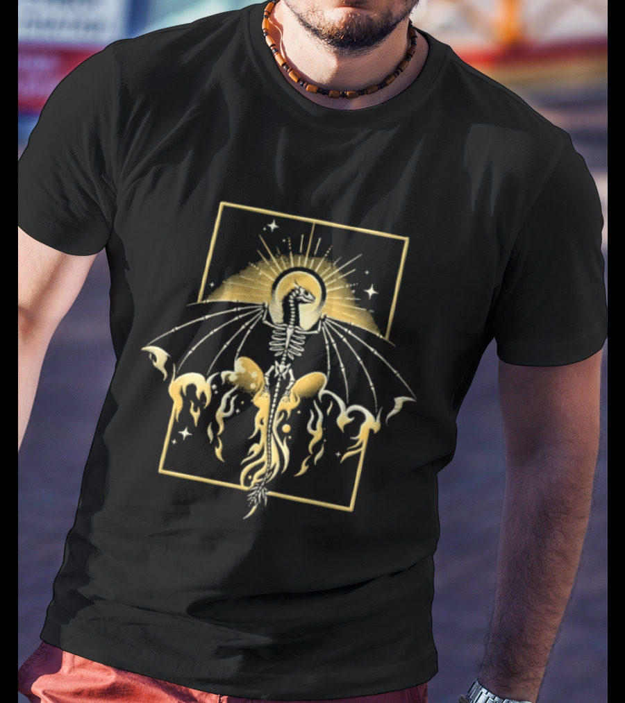 Celestial Gold Skeletal Dragon Wings Sunburst Halo Flames T-Shirt