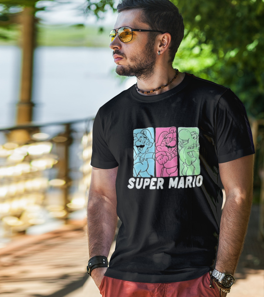 Super Mario Luigi Yoshi Characters Colorful Panels T-Shirt