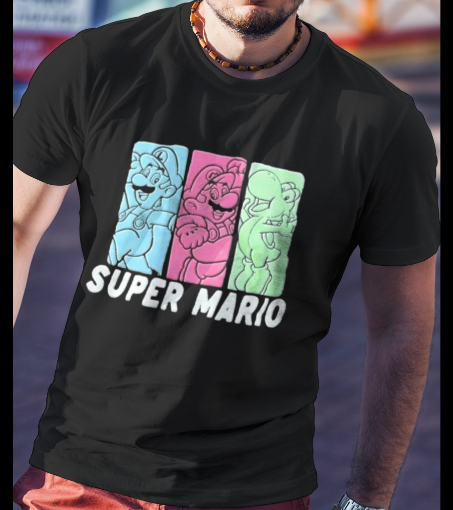 Super Mario Luigi Yoshi Characters Colorful Panels T-Shirt