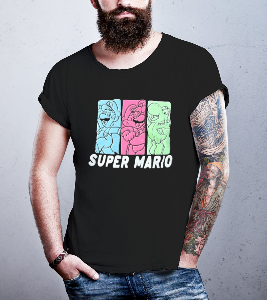 Super Mario Luigi Yoshi Characters Colorful Panels T-Shirt