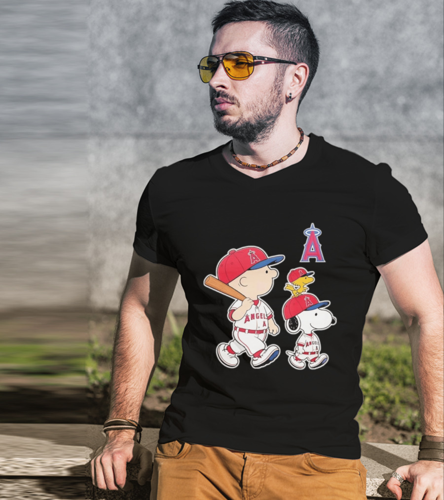 Charlie Brown Snoopy Woodstock Los Angeles Angels Baseball Team T-Shirt