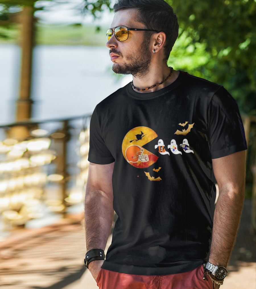 Cleveland Browns Pac Man Vs Bengals Steelers Ravens Halloween Battle T-Shirt