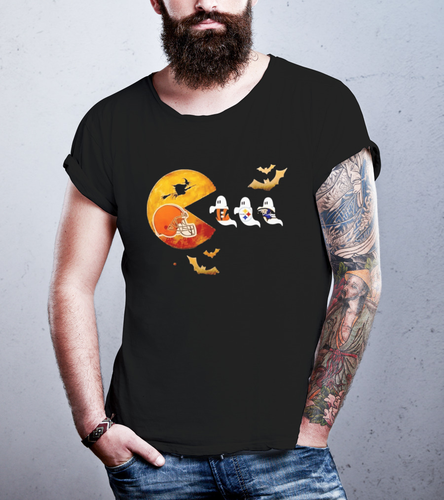 Cleveland Browns Pac Man Vs Bengals Steelers Ravens Halloween Battle T-Shirt