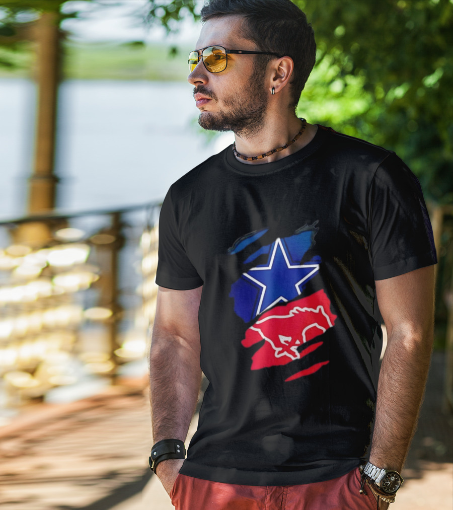 Dallas Cowboys Star And SMU Mustangs Red Ripped Effect T-Shirt