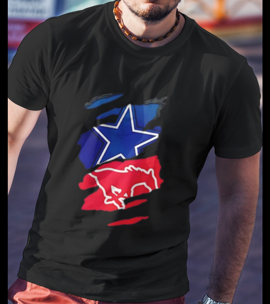 Dallas Cowboys Star And SMU Mustangs Red Ripped Effect T-Shirt