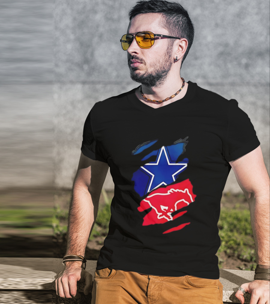 Dallas Cowboys Star And SMU Mustangs Red Ripped Effect T-Shirt