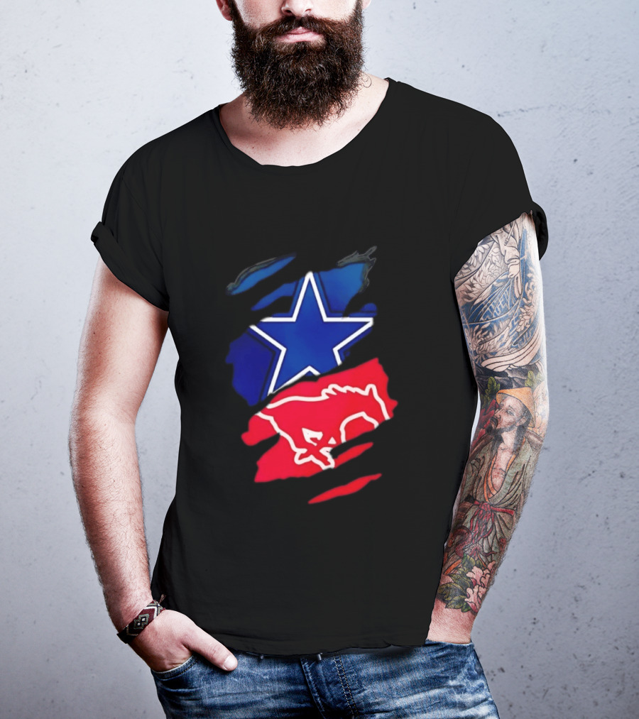 Dallas Cowboys Star And SMU Mustangs Red Ripped Effect T-Shirt
