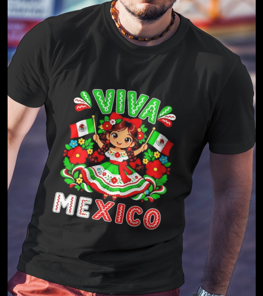 Viva Mexico Traditional Dress Girl With Flags Mexican Celebration T-Shirt