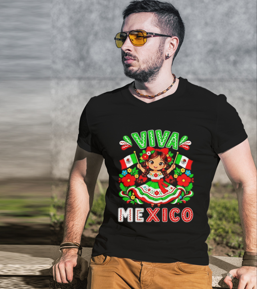 Viva Mexico Traditional Dress Girl With Flags Mexican Celebration T-Shirt