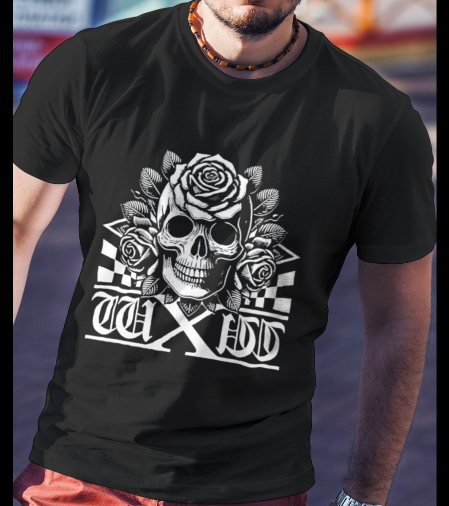 W X W Skull Roses Checkered Goth T-Shirt