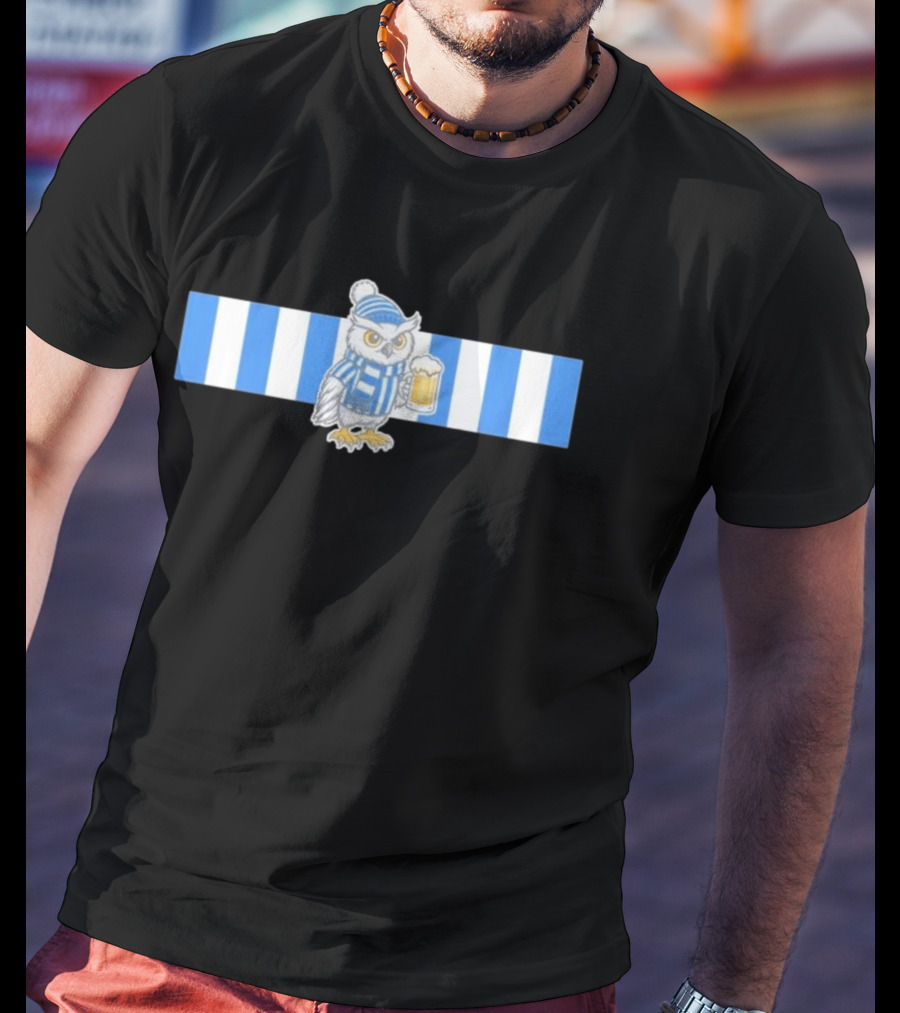 Owl In Blue And White Stripes With Beer T-Shirt