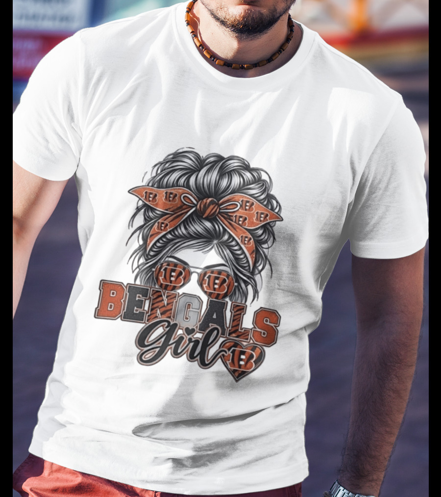Bengals Girl Messy Bun Fan With Glasses And Bow T-Shirt