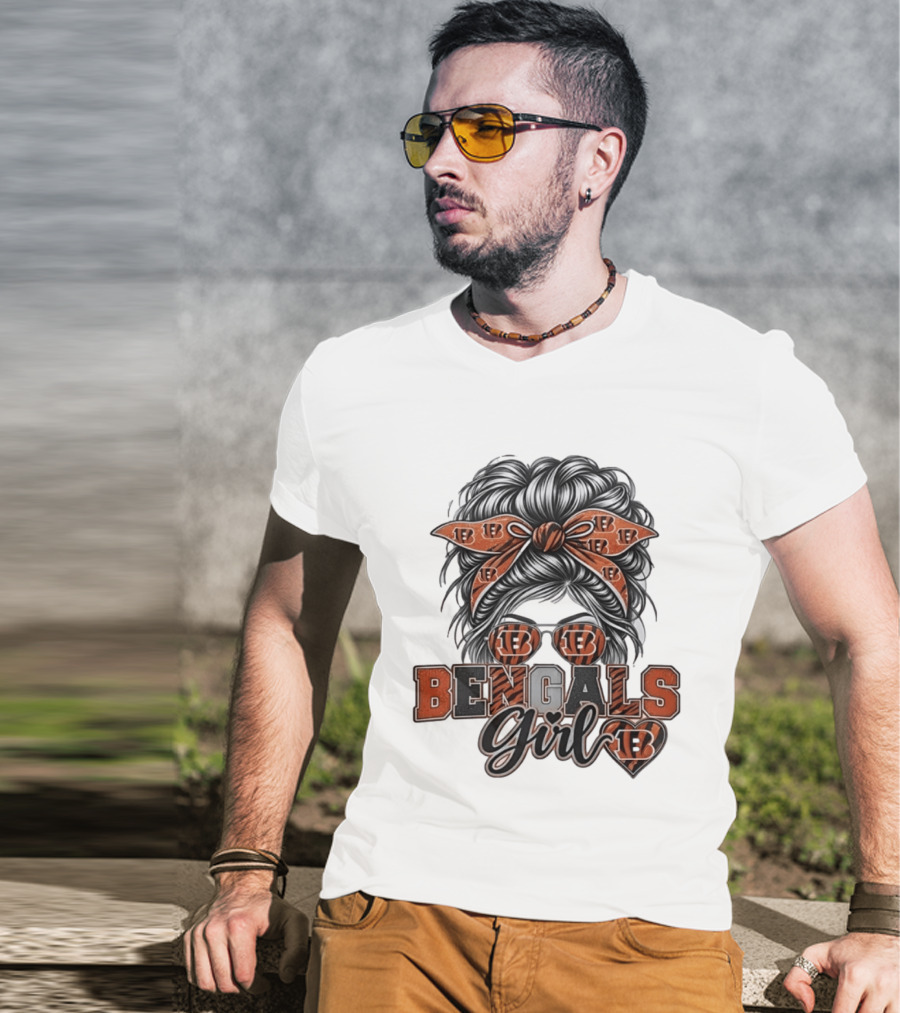 Bengals Girl Messy Bun Fan With Glasses And Bow T-Shirt