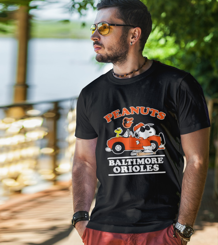 Peanuts Snoopy And Woodstock Driving Baltimore Orioles Car T-Shirt