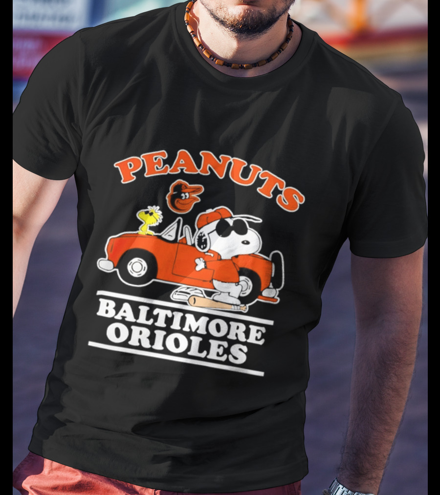 Peanuts Snoopy And Woodstock Driving Baltimore Orioles Car T-Shirt
