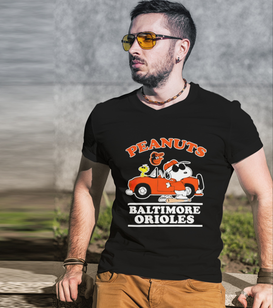 Peanuts Snoopy And Woodstock Driving Baltimore Orioles Car T-Shirt