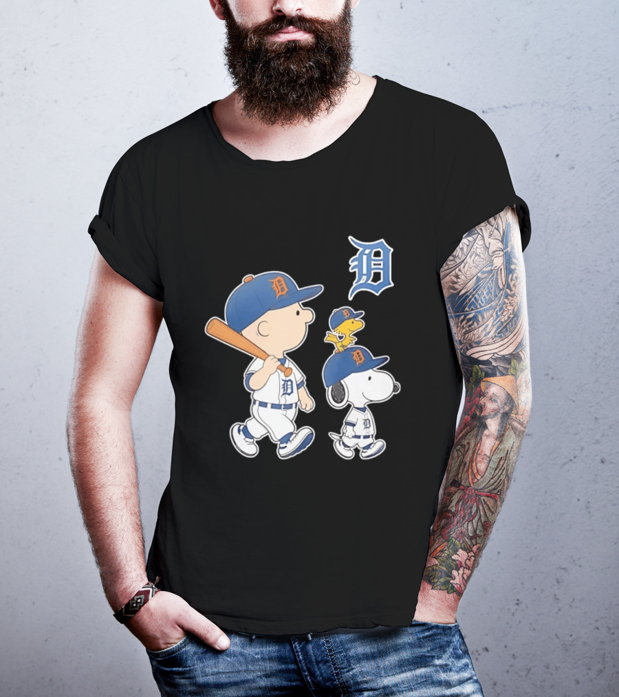 Charlie Brown Snoopy Woodstock Detroit Tigers Baseball Peanuts T-Shirt