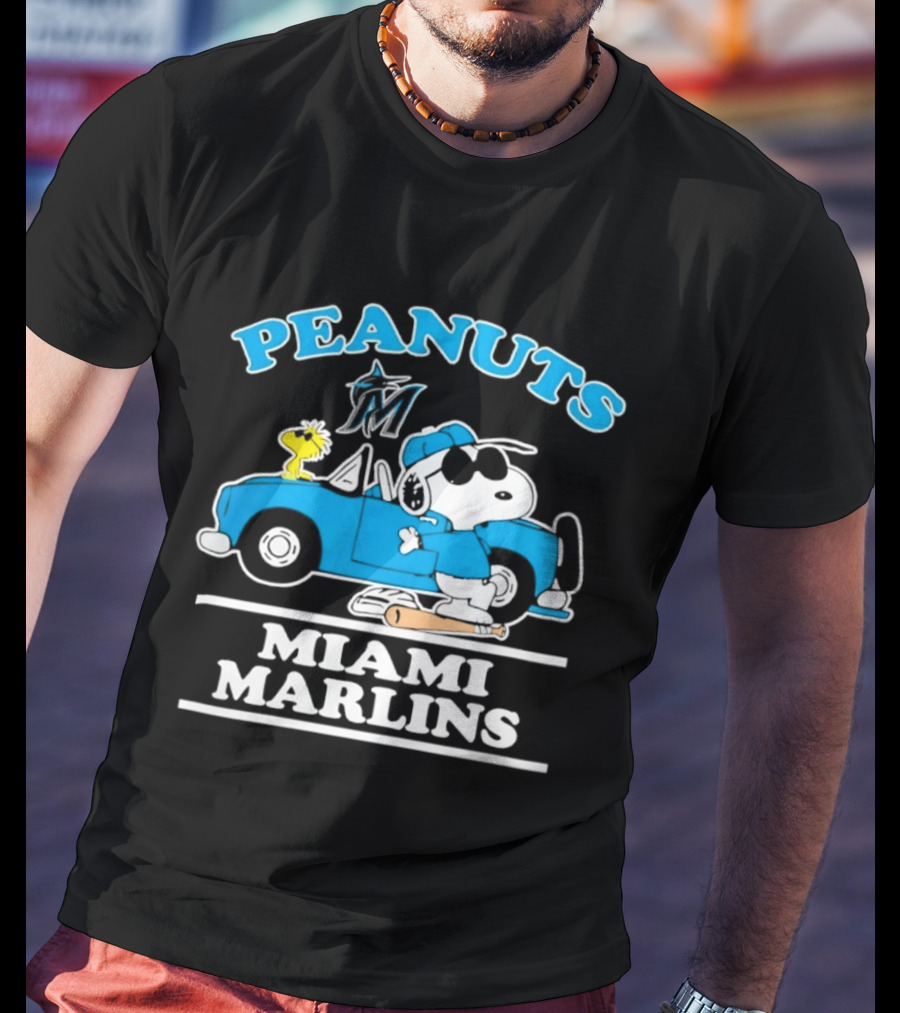 Peanuts Snoopy And Woodstock Miami Marlins Baseball Driving Adventure T-Shirt